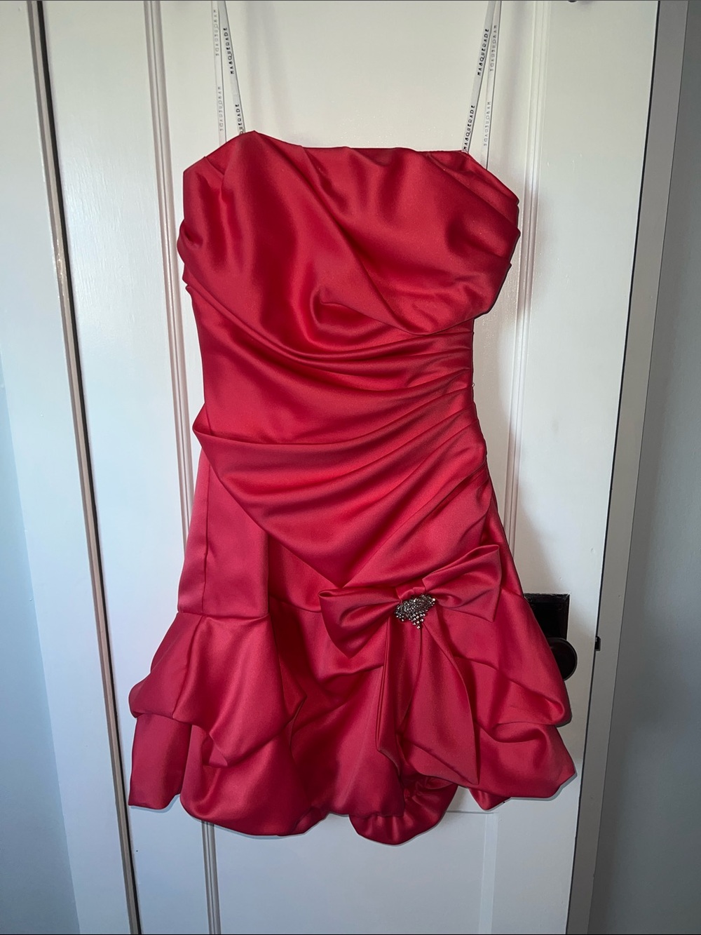 Masquerade Coral Satin Strapless Midi Dress with Bow Accent